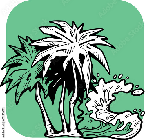 Palm and wave composition. Travel holiday, dream lagoon, spa resort, summer vacation, tropical paradise, ocean coast, sea shore design element. Hand drawn illustration, cartoon comic style vector.