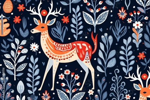 Festive pattern featuring deer and Scandinavian ornament on a winter background. Generative AI