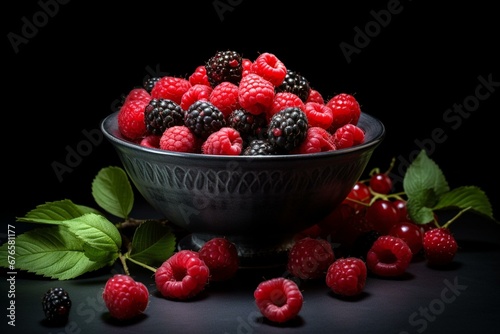 an arrangement of berries and raspberries with leaves on a tabletop and a dark backdrop  featuring a red berry at the center of the bowl and a leaf beside it. Generative AI