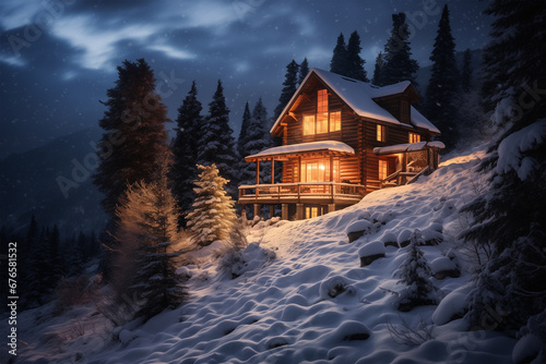 Outside the mountain cabin, a winter wonderland unfolds. Christmas atmosphere. © RetoricMedia
