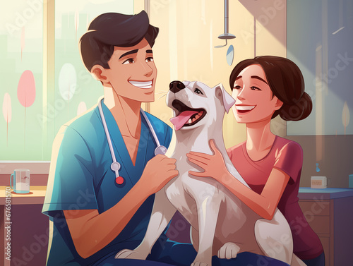  a veterinary clinic. It depicts a smiling male veterinarian with a stethoscope, and a female, presumably the pet owner, who is sitting on the right side with her hands on a white dog's chest. Both th photo