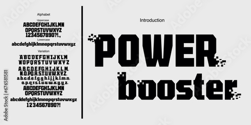 Modern font  with gaming and pixel inspiration. Alphabet with uppercase, lowercase, number, and variation. 