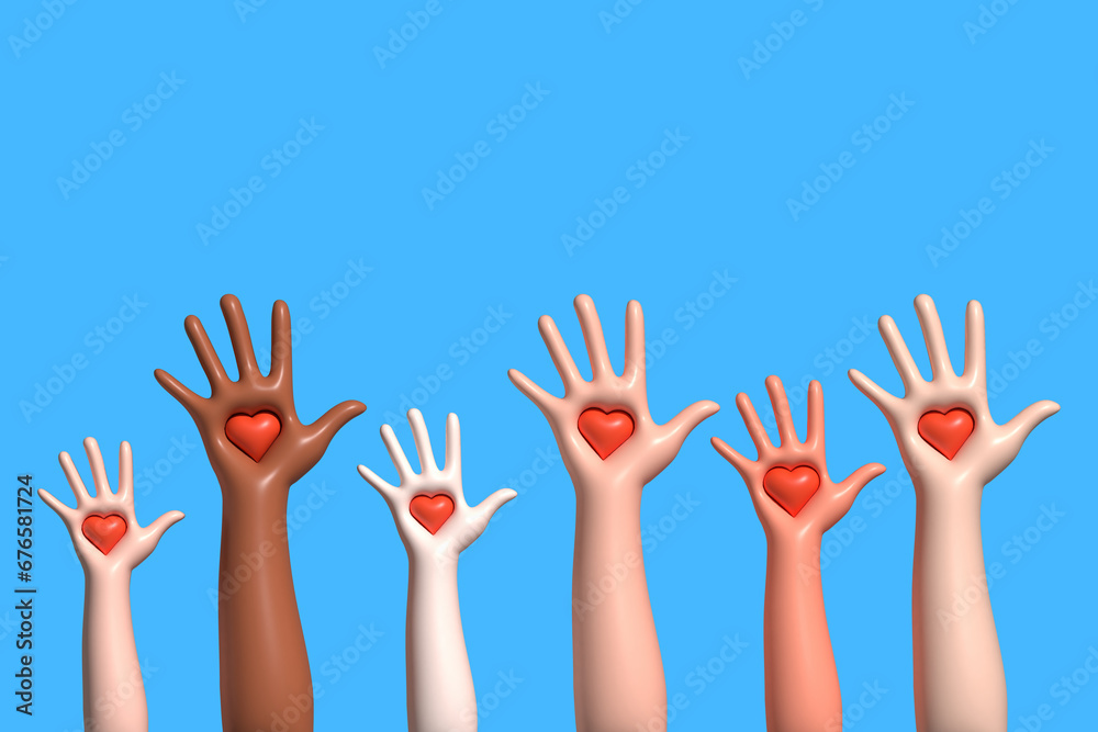 3d hands with red hearts against blue background 