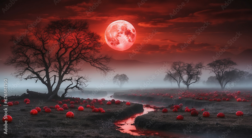 As the fog rolled in, the landscape transformed into a mysterious and eerie world, with the deep red blood moon casting an otherworldly glow upon the scene - AI Generative