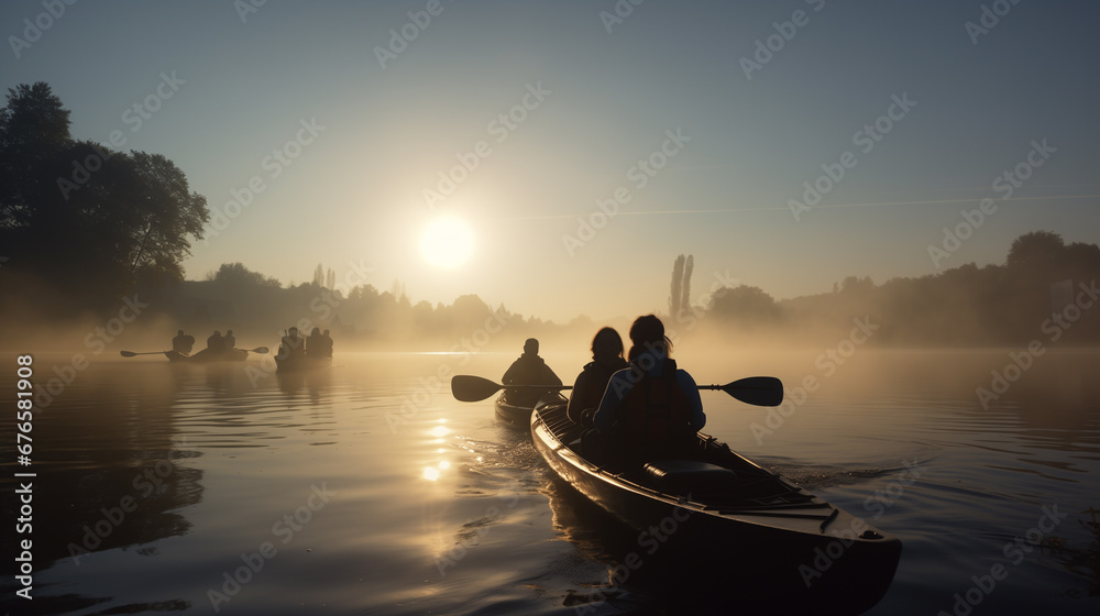 People in canoe on enjoying water sport in the morning light