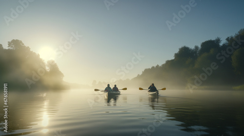 People in canoe on enjoying water sport in the morning light