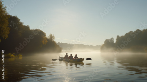 Family in canoe on enjoying water sport in the morning light
