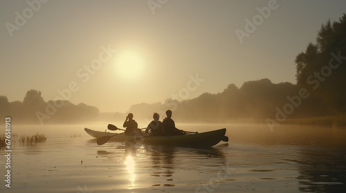 Friend or family in kayak or canoe enjoying water sport at sunrise in the morning light.