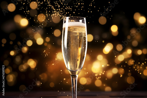 A glass of sparkling champagne, bubbling with effervescence, held up in a toast against a backdrop of fireworks and celebration, realistic photo. Ai Generated.NO.03