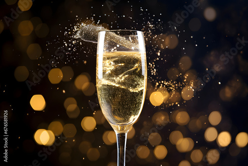 A glass of sparkling champagne, bubbling with effervescence, held up in a toast against a backdrop of fireworks and celebration, realistic photo. Ai Generated.NO.02