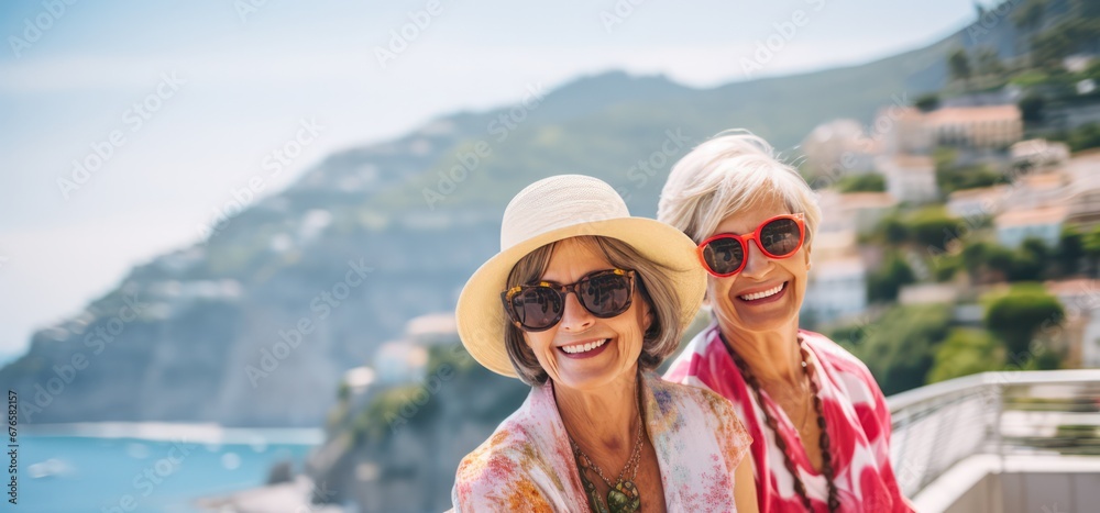 Happy smiling senior women on vacation in Italy portrait. Female friends traveling in Europe. Italian holidays.