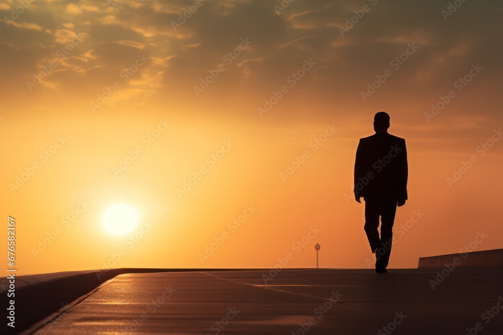 silhouette of a lone man walking away at sunset 