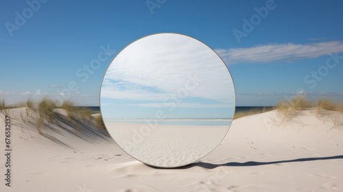 round mirror on white sand dune beach