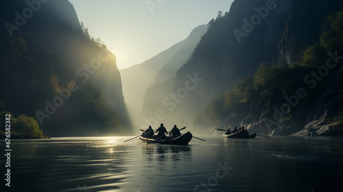 teamwork - people rafting in wild mountain river in canyon in morning light © Philippe Ramakers