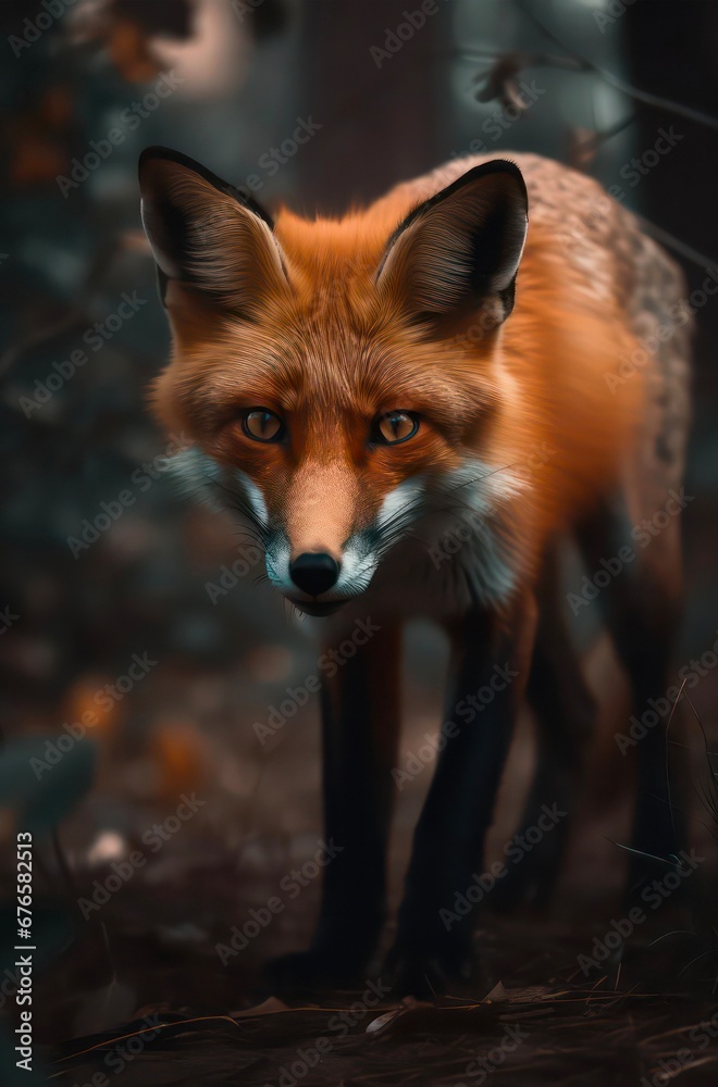 Fototapeta premium Red fox walking in the forest.