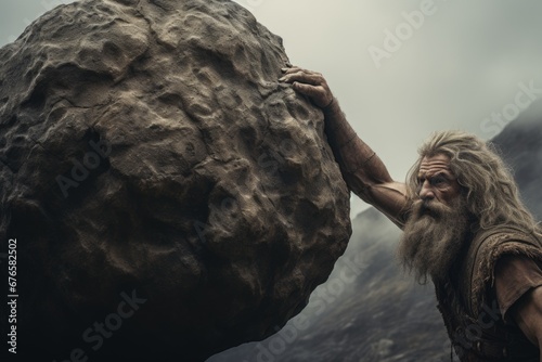 Sisyphus is pushing a rock up a mountain. The enduring symbolism of sisyphus pushing a rock up a mountain: a representation of eternal effort, mythological punishment, and philosophical reflection.