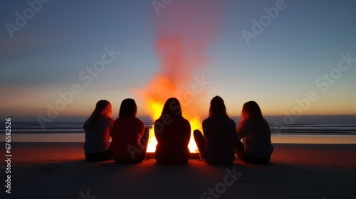 A group of friends sitting by the fire on the beach