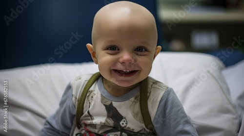 Smiling little boy with cancer and balding hair