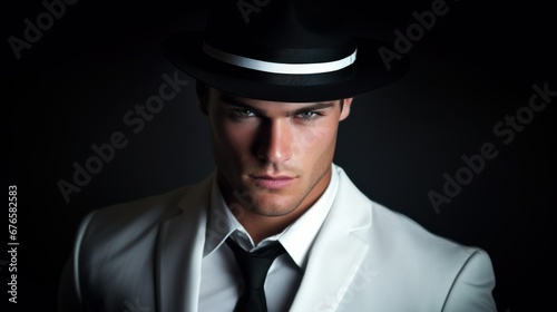 A serious-looking man in a white suit wearing a hat