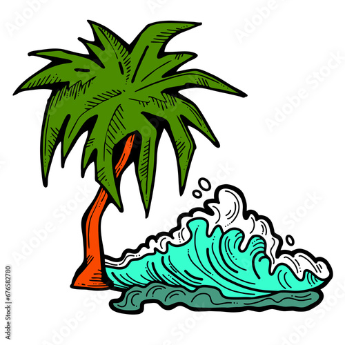 Palm and wave composition. Travel holiday  dream lagoon  spa resort  summer vacation  tropical paradise  ocean coast  sea shore design element. Hand drawn illustration  cartoon comic style drawing.