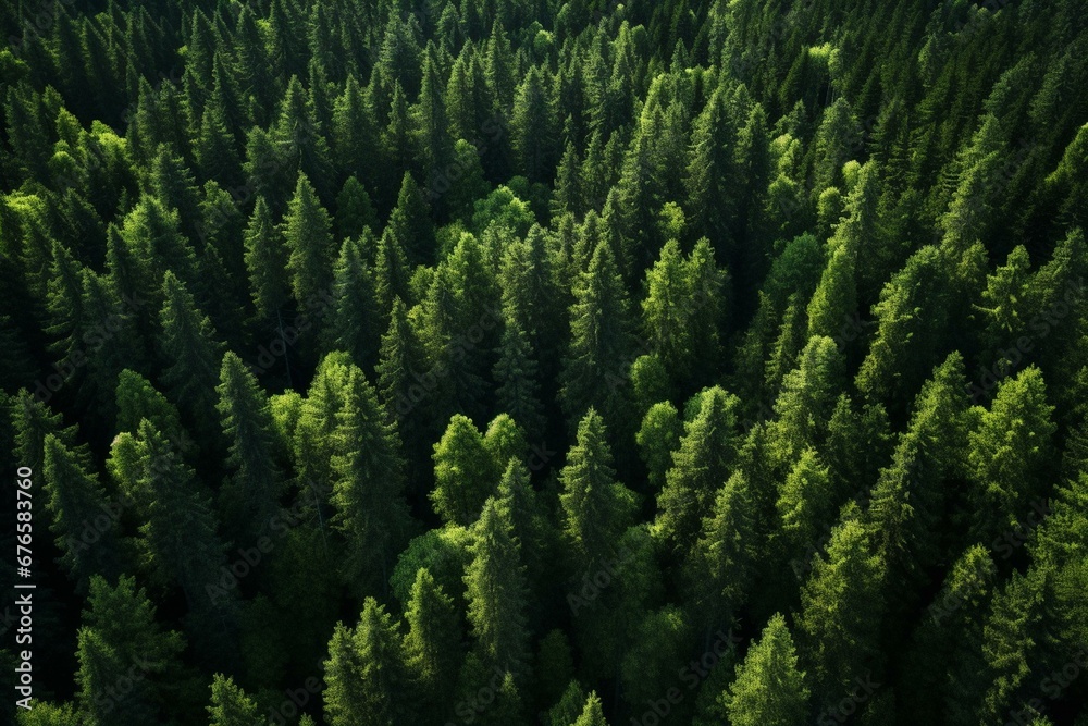Aerial scenery of lush pine forest. Generative AI