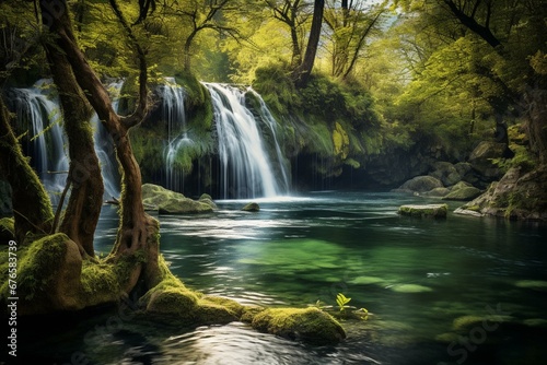 waterfall in spring and a lake. Generative AI