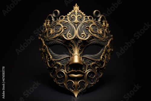 A black mask with an ornate golden pattern. Generative AI
