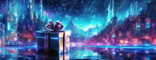 Gift box in futuristic modern digital city world of Internet background. Christmas decoration in vivid neon colors. Dark pink and blue cyberpunk concept. Happy New Year Invitation. #676583985