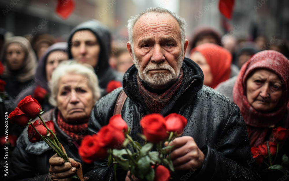 Solemn elderly man with a red rose, surrounded by mourners at a remembrance event.