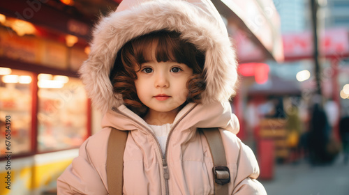 little Korean child in stylish clothes on the street of Seoul, Asian girl, boy, portrait of a cute kid, baby, fashionable outfit, trend, children, urban, city, hoodie, pastel colors, walk, autumn