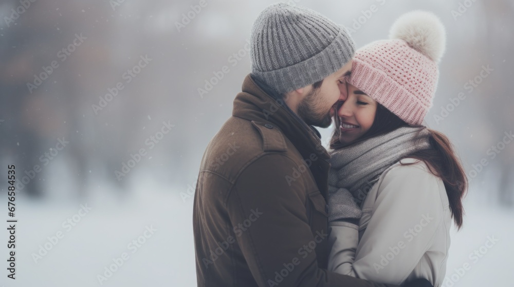 Fototapeta premium Young couple getting close in the snowy weather