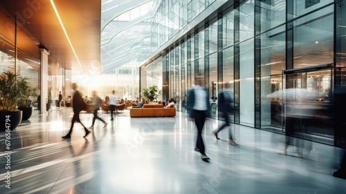 Business people rushing in office lobby with motion blur photo