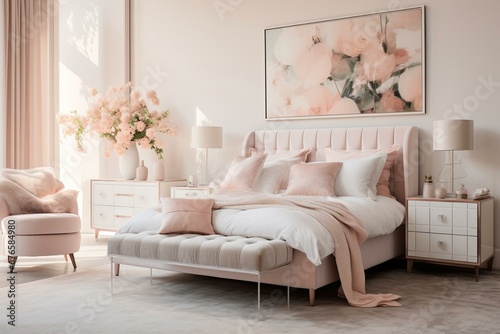 Pastel bedroom with soft decor and furniture, bathed in natural light. Generative AI