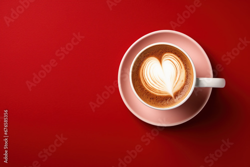 Cup with aromatic cappuccino on red background  top view 