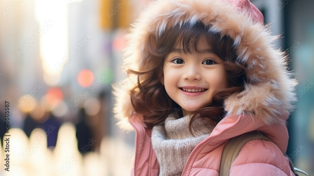 little Korean child in stylish clothes on the street of Seoul, Asian girl, boy, portrait of a cute kid, baby, fashionable outfit, fashion, trend, children, urban, city, hoodie, pastel colors, walk