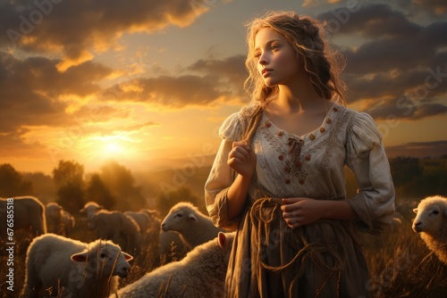 Shepherdess with sheep at sunset