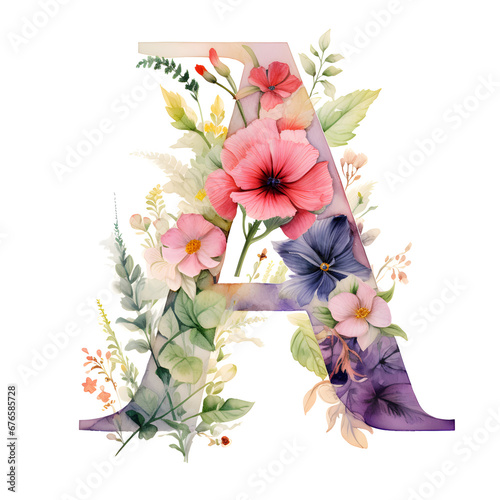 Letter A with flowers, botanical watercolor illustration on white background. photo