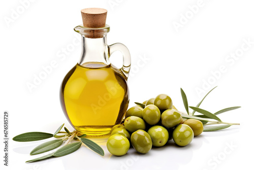 Green natural olives with bottle of olive oil isolated on a white background