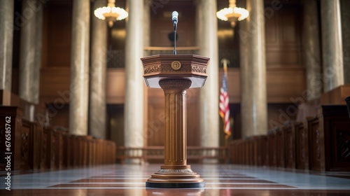 Wooden podium for political speech, presidential election photo