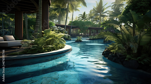 pool in resort with tropics in blue-green tones © Boraryn