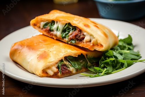a delicious folded pizza pocket on a plate. a popular and authentic recipe. Generative AI