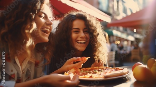 Young Women Enjoying Pizza Outdoors in the City. Generative ai photo