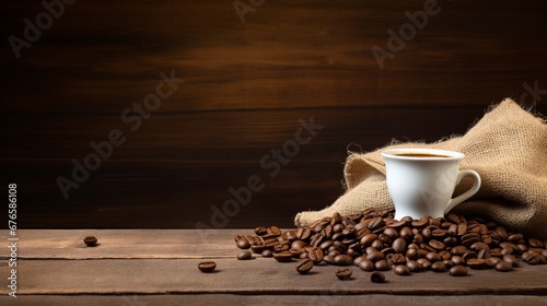 a glass of coffee and a sprinkling of coffee beans on a table with a dark background, generative ai