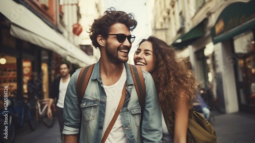 Joyful Young Couple Enjoying City Walk on Vacation. Generative ai