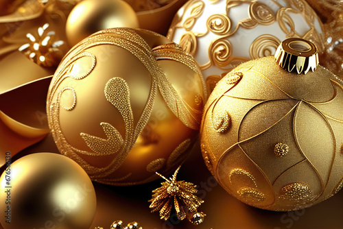 Close up to golden christmas balls on golden background. Copy Space. Generative AI