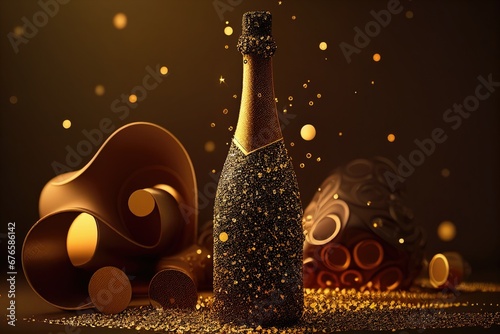 New Year background with champagne bottle and golden decorations. Generative AI