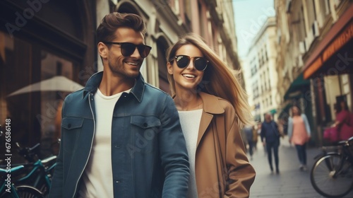 Joyful Young Couple Enjoying City Walk on Vacation. Generative ai