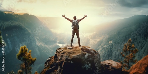 Triumphant Man Celebrating Success on Mountain Summit. Generative ai