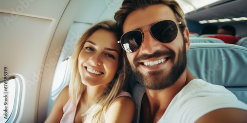 Joyful Tourist Taking Selfie on Airplane During Summer Vacation. Generative ai