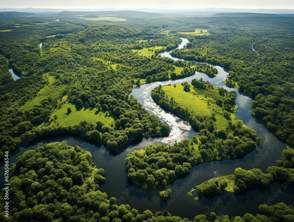 Aerial view of a meandering river flowing into a vast lake, lush greenery, midday sunlight